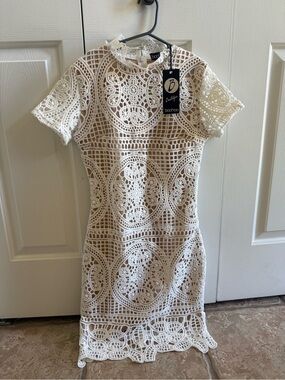 Boohoo Ivory Crochet Lace Short Sleeve Mini Dress